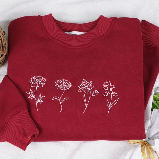 Discover Birth Month Flower Sweatshirt, Floral Embroidered Sweater, Grandmas Garden Sweatshirt,  Outline Embroidery