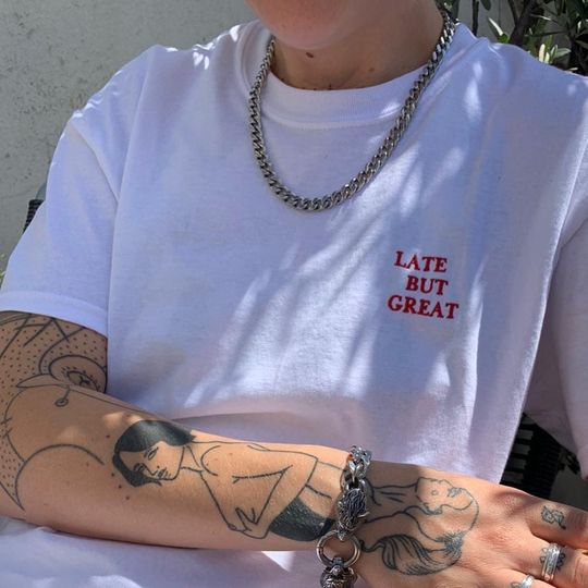 Discover LATE BUT GREAT Minimalist Embroidered Unisex T-Shirt