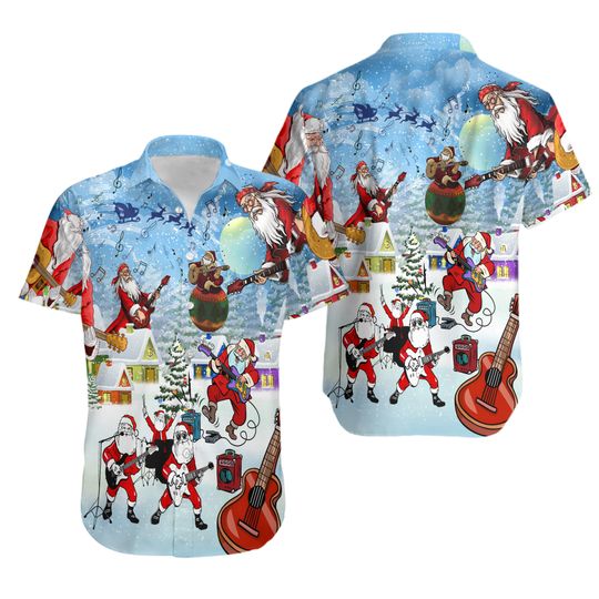 Discover Funny Santa Clause Playing Guitar Christmas Hawaiian Shirt