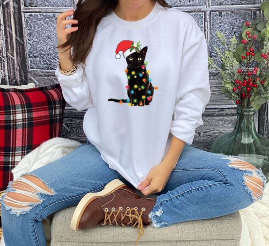 Discover Black Cat Christmas Tree Lights Sweatshirt, Merry Christmas Sweatshirt, Family Holiday Sweatshirt