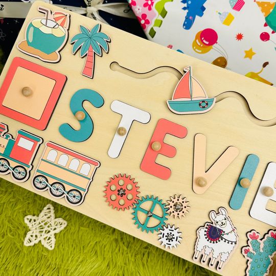 Discover Name Puzzle With Grip Personalized Wooden Busy Board Wooden Montessori Toys