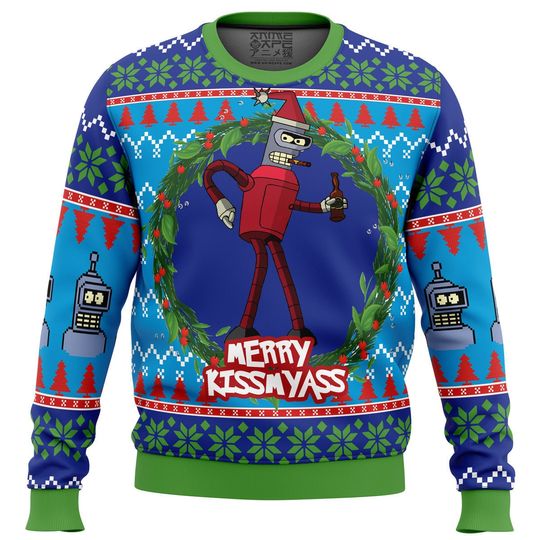 Discover 3D All Printed Ugly Christmas Sweater| Merry Kissmyass Futurama Sweater