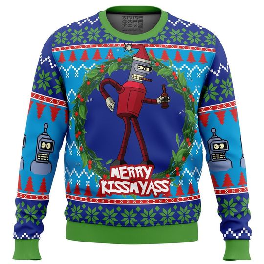 Discover 3D Ugly Christmas Sweater| Merry Kissmyass Futurama Ugly Sweater