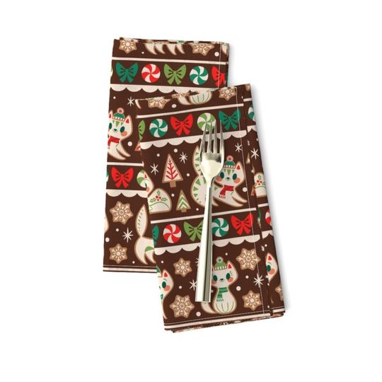 Discover Christmas Gingerbread Kitties Stripe Brown Napkins