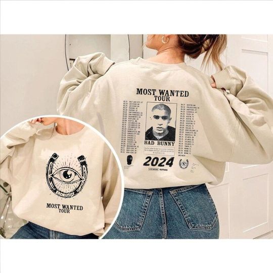 Discover Vintage B-a-d Bunny Most Wanted Tour 2024 Sweatshirt, Bad Bunny Mugshot Shirt