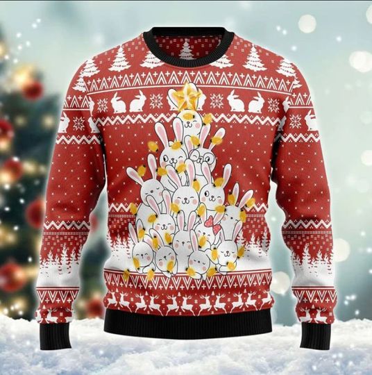 Discover Bunny Merry Ugly Sweater, Christmas Bunny Tree Ugly 3D Sweater