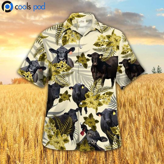 Discover Black Angus Hibiscus Hawaiian Shirt, Yellow Cow Hawaiian Shirt For Men Women, Fa