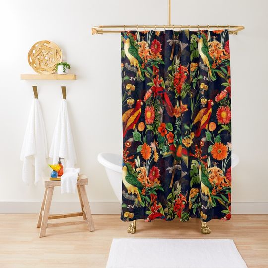 Discover Vintage Tropical Bird  Night Jungle Botanical Night Garden dark blue Shower Curtain