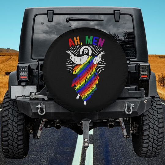 Discover Ah Men Funny LGBT Gay Pride Jesus Rainbow Flag Christian Spare Tire Cover