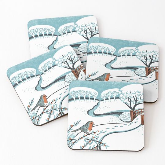 Discover Snow, Bournemouth Gardens - Original linocut by Francesca Whetnall Coasters