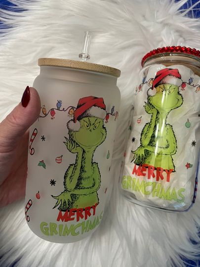Discover Mean One | Christmas | Iced Coffee Cup | funny character Glass Cup | Gift | Libbey Glass