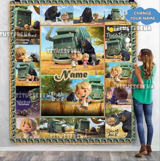 Discover Trash Truck and Hank Quilt Blanket, Personalized Trash Truck Fleece Blanke