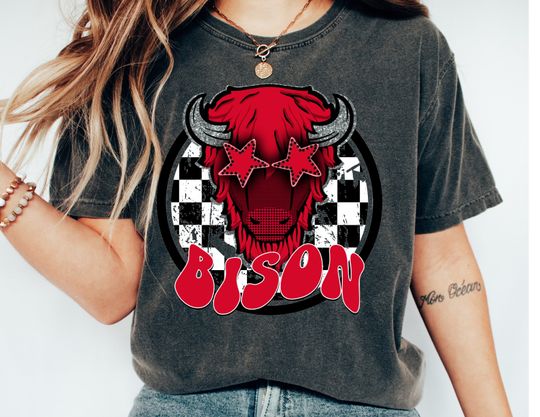 Discover Bison School Spirit Shirt - Red and Black Design