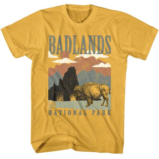 Discover Badlands Bison Men's Gold T-Shirt National Park South Dakota Red Rock Canyons