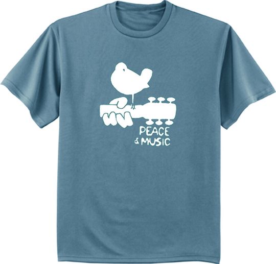 Discover Woodstock t-shirt blue white peace and music festival t-shirt guitar t-shirt