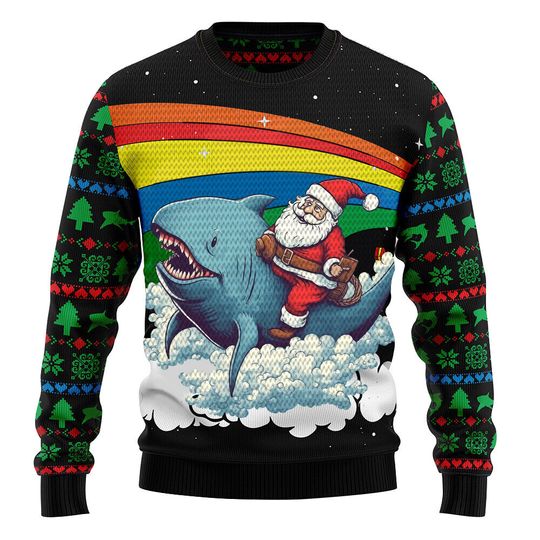 Discover Santa Claus Riding Shark Merry Christmas Sweater 3D