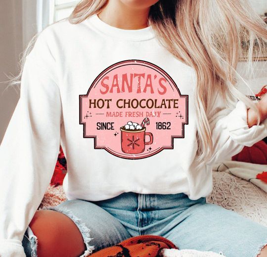 Discover Santa's Hot Chocolate Sweatshirt, Vintage Christmas Sweatshirt, Christmas Hot Cocoa Sweatshirt