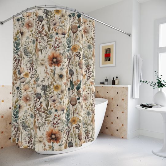 Discover Botanical Shower Curtain | Wildflowers | Cottagecore Shower Curtain | Whimsical Bath Decor | Floral Shower Curtain