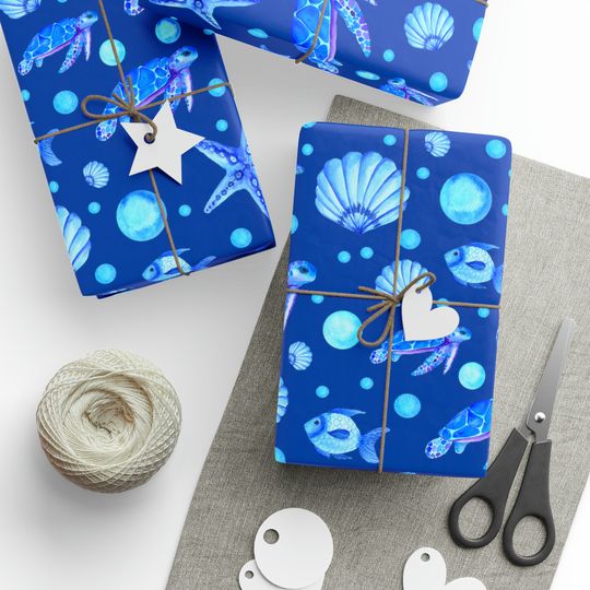 Discover Blue Underwater Gift Wrapping Paper Roll, Ocean Turtles Seashells Fish Water Starfish Scuba, Spring Summer Birthday Wedding Sea Ocean