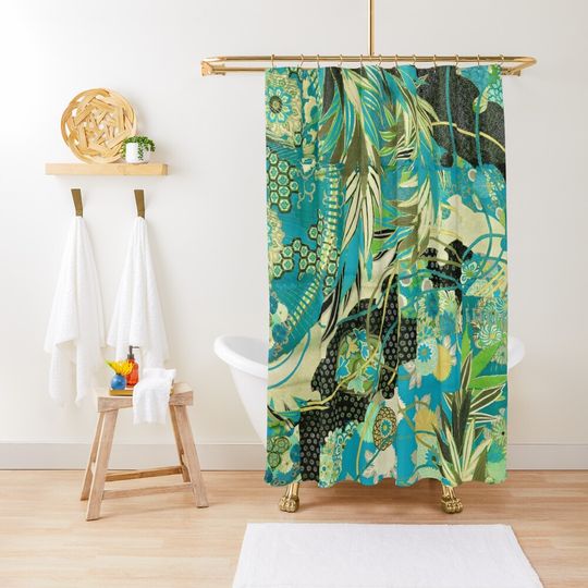 Discover ANTIQUE JAPANESE FLOWERS Teal Blue Green White Black Kimono Floral Motifs Shower Curtain