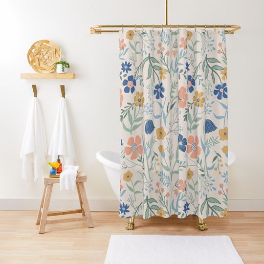 Discover Pastel Blue & Pink Botanical Garden Floral Print Shower Curtain