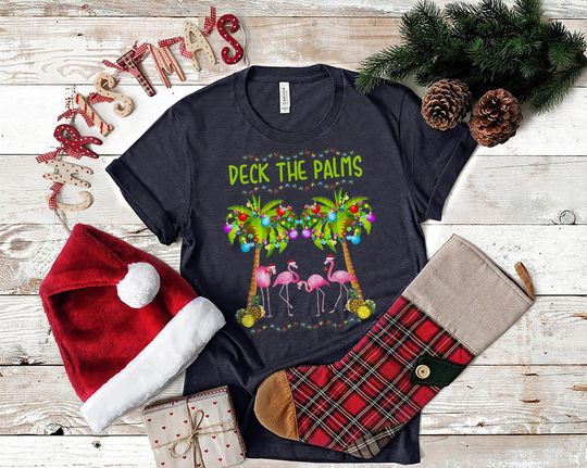 Discover Tropical Christmas T-Shirt, Deck The Palms Shirt, Holiday Flamingo
