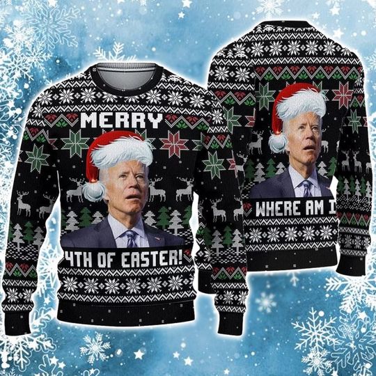 Discover Merry 4th Of Easter Ugly Sweater, Biden President Santa Ugly Christmas Sweater