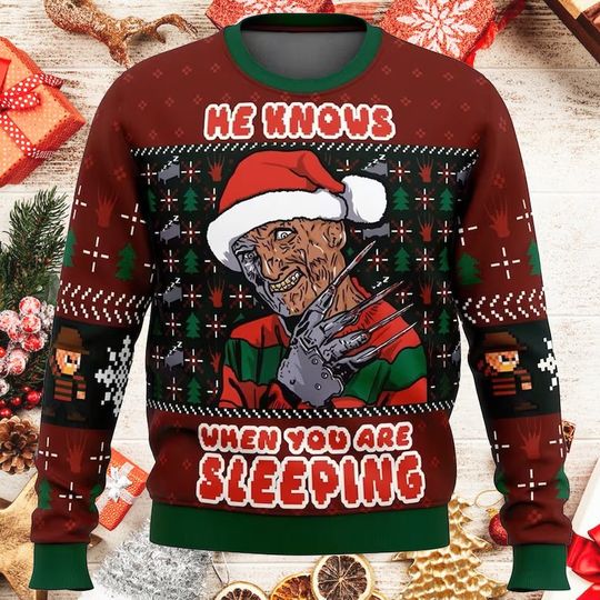 Discover A Nightmare on Elm Street Ugly Christmas Sweatshirt | He Know When You Are Sleeping Ugly Xmas Sweatshirt