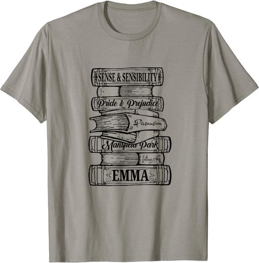 Discover Jane Austen Pride and Prejudice & Mr. Darcy Book Stack Fans T-Shirt