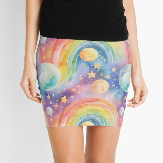 Discover Watercolor Galaxy With Rainbows and Planets Mini Skirt