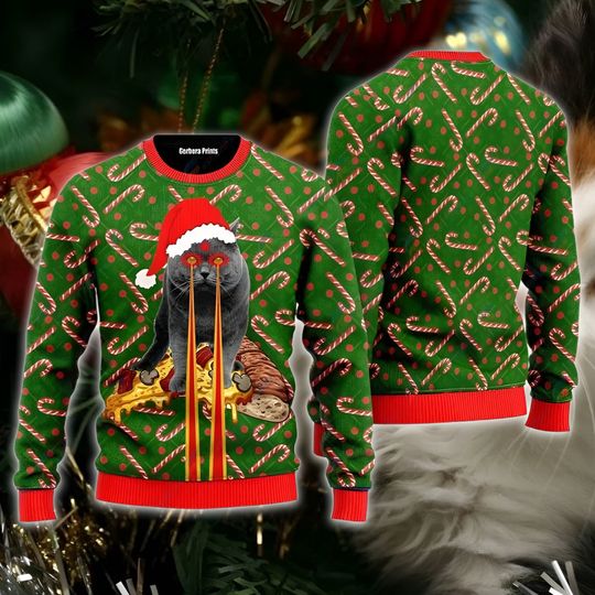 Discover Pizza Cat With Laser Eyes Ugly Christmas Sweater, Meme Cat Sweater