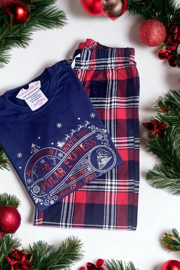 Discover Red Tartan Personalised Christmas Pj. Matching Red, Navy PJ'S Set Mum Dad | Men Women | Kids | Polar express | Golden Ticket | short sleeve