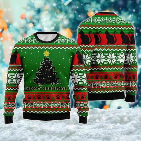 Discover Funny Meowy Catmas Ugly Christmas Sweater, Black Cat Xmas 3D Sweater