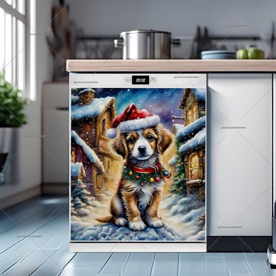 Discover Christmas Kitchen Dishwasher Cover - Christmas Puppy in the Village