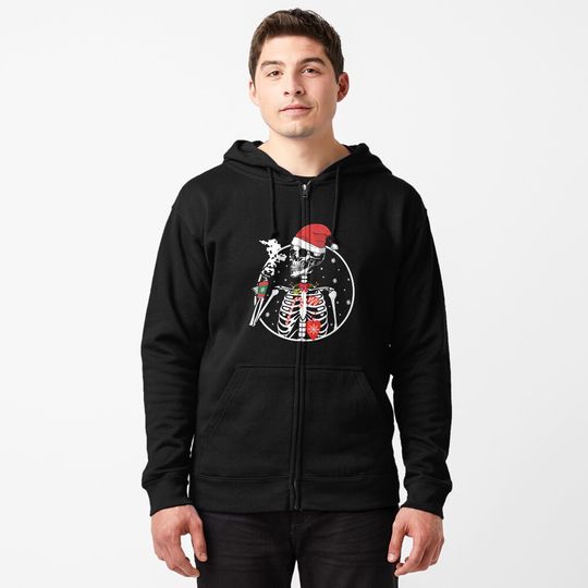 Discover Christmas Skeleton With Smiling Skull Drinking Coffee Latte Zipped Hoodie