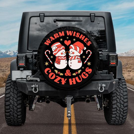 Discover Warm Wishes & Cozy Hugs Black Christmas Snowman Spare Tire Cover