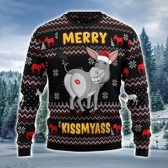 Discover Donkeys Merry Kissmyass Ugly Christmas Sweater, Funny Christmas Ugly Sweater