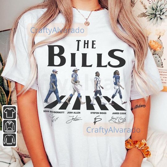 Discover Bills Walking Abbey Road Signatures Football Shirt, Buffalo Vintage