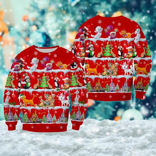 Discover Animated Cats Pattern 3D Red Ugly Christmas Sweater, Funny Cat Movie Character Sweater