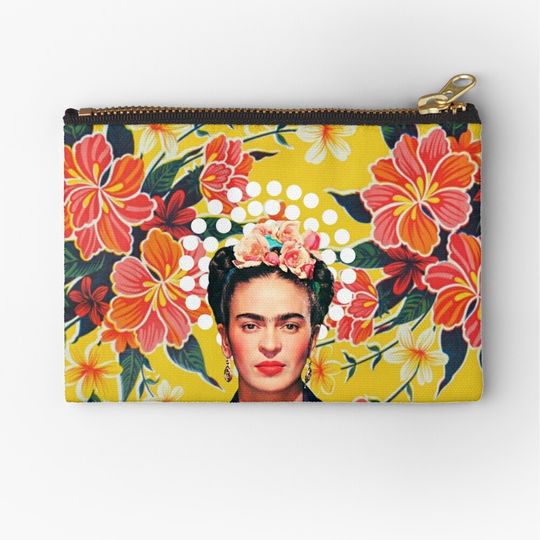Discover Frida Kahlo print, flowers, color on ocher Mexican tablecloth Zipper Pouch