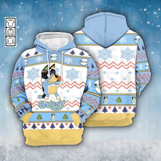 Discover Blue Dad Dog Brother Cartoon Dog Christmas 3D Hoodie