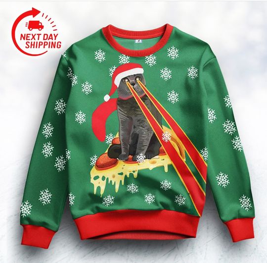 Discover Pizza Cat With Laser Eyes Ugly Christmas Sweater 3D All Over Print