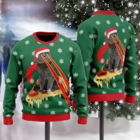 Discover Pizza Cat With Laser Eyes Ugly Christmas Sweater, Xmas Sweatshirt