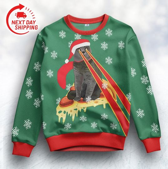 Discover Pizza Cat Unisex Ugly Sweater, Pizza Cat With Laser Eyes Christmas Sweater