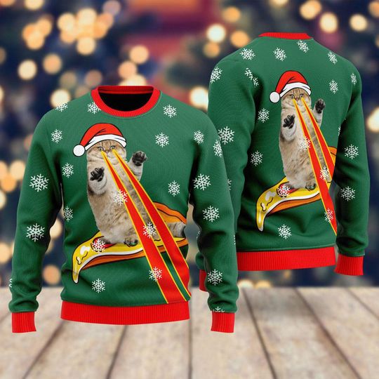 Discover Pizza Cat With Laser Eyes Ugly Christmas Sweater