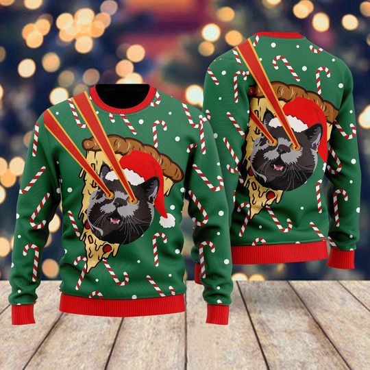 Discover Pizza Cat With Laser Eyes Ugly Christmas Sweater