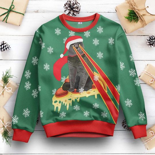 Discover Pizza Cat With Laser Eyes Ugly Christmas Sweater, Cat Lovers Xmas Holiday