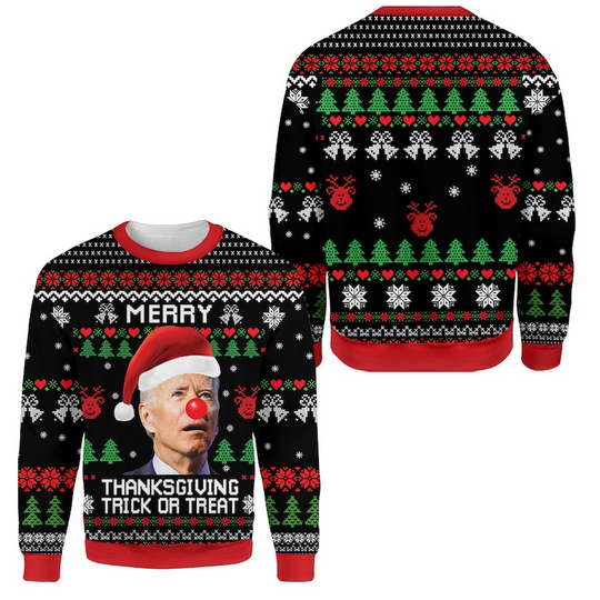 Discover Joe Biden Ugly Christmas Sweater, Merry Thanksgiving Trick Or Treat 3D Sweater