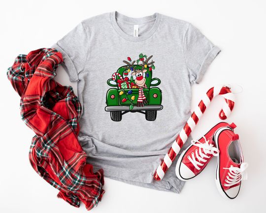 Discover Christmas Green Truck Lighting Reindeer Shirt Hoodie Sweatshirt, Christmas Truck Reindeer Shirt