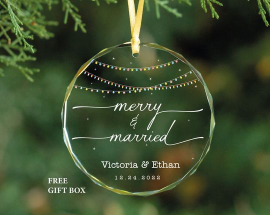 Discover Merry and Married Personalized Christmas Married GLASS Ornament